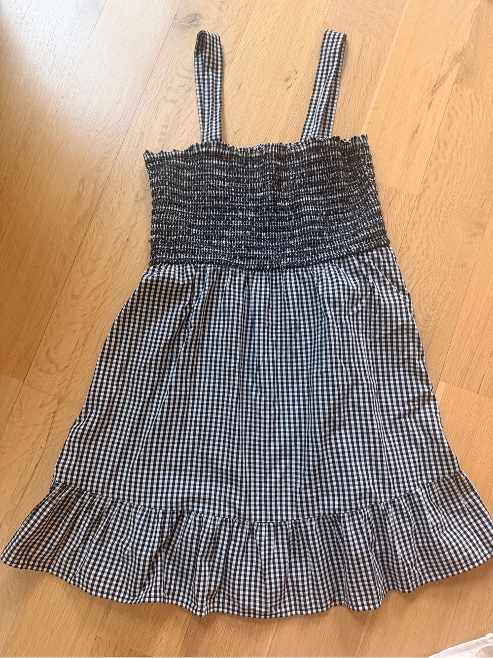 LOFT Black & White Gingham Smocked Strap Skirt